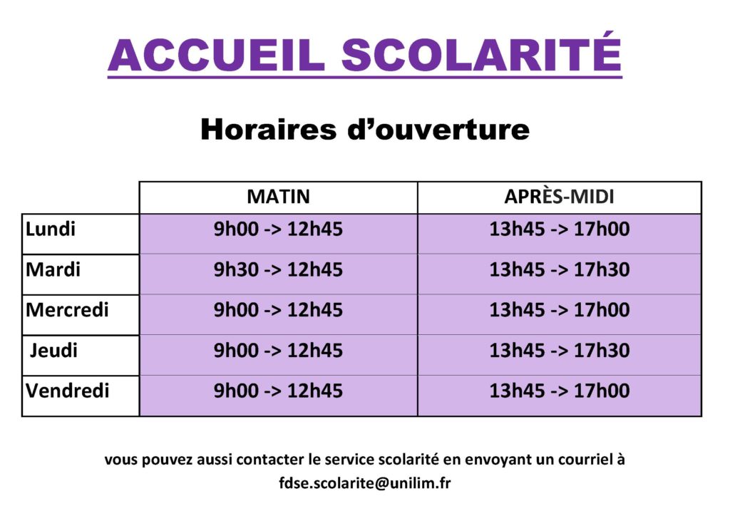 Horaires Accueil Scolarit Facult De Droit Et Des Sciences Conomiques